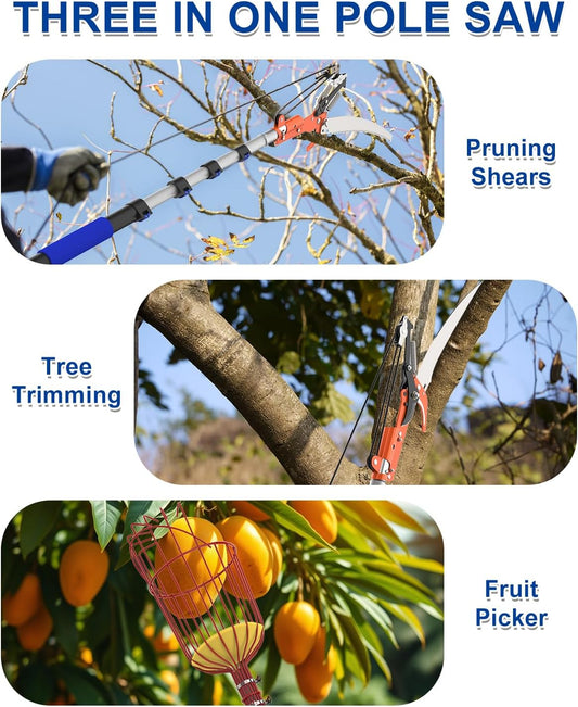 26FT Reach Pole Saw, Telescoping Tree Trimmer with 5-20FT Extension Pole, Sharp Steel Blade and Scissors, Fruit Picker, Extendable Long Handle Tree Pruner for Yard Garden Trees Palms Shrubs