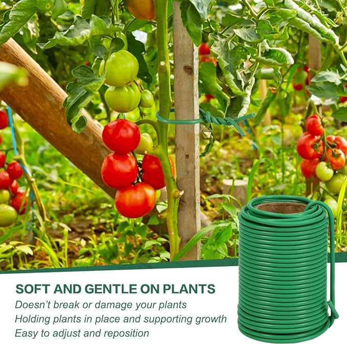 Tenn Well Garden Wire, 66 Feet 3.5mm Soft Rubber Coated Plant Ties, Green Gardening Twist Ties for Climbing Plants, Tomatoes, Vegetables, Climbing Roses