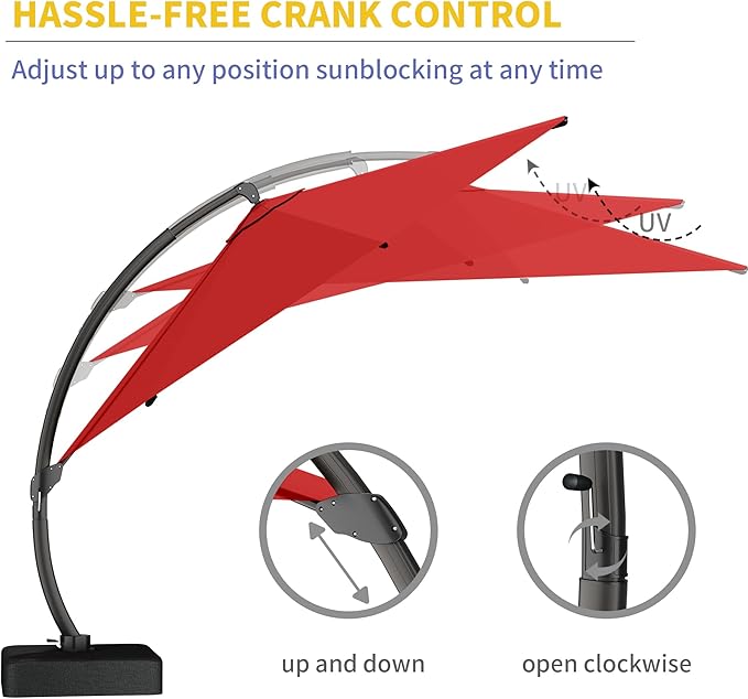 Kingdura 12ft Offset Cantilever Patio Umbrella with Base Included, Large Round Aluminum Outdoor Umbrella, 360° Rotation & Infinite Tilt, Heavy Duty Frame for Deck Pool Backyard, Red