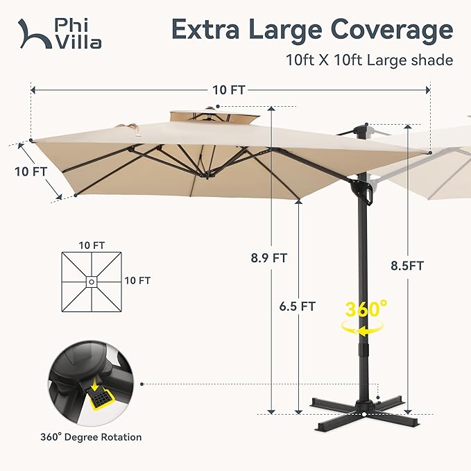 PHI VILLA Cantilever Patio Umbrella with Base, Outdoor 10ft Large Square Umbrellas with 360°Rotation, Heavy Duty Hydraulic Double Umbrella Windproof for Outside, Pool, Deck, Garden, Porch, Beige