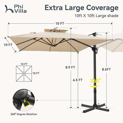 PHI VILLA Cantilever Patio Umbrella with Base, Outdoor 10ft Large Square Umbrellas with 360°Rotation, Heavy Duty Hydraulic Double Umbrella Windproof for Outside, Pool, Deck, Garden, Porch, Beige