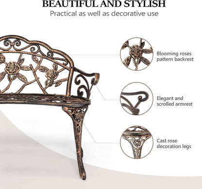 VINGLI 38.5" Patio Park Garden Outdoor Metal Rose Bench,Cast Iron Cast Aluminium Frame Antique Finish Chair,Accented Lawn Front Porch Path Yard Decor Deck Furniture for 2 Person Seat（Bronze