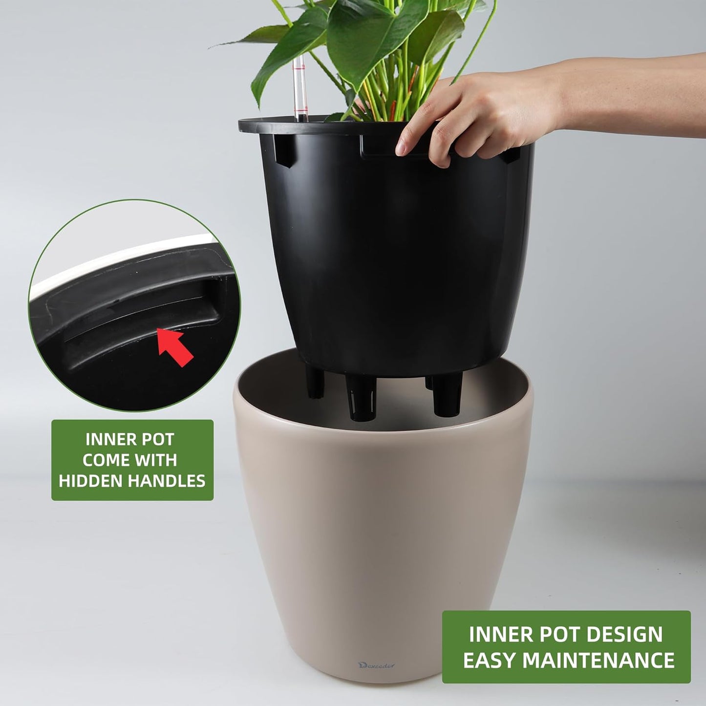 Dexceder 18x17 Self Watering Planter with Wheels Indoor Outdoor, Inner Pot Design, Thickened Large Floor Standing Flower Plant Pot with Water Level Indicator (Taupe Matte)