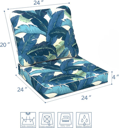 LVTXIII Outdoor Deep Seat Cushion 24"x24"x4" Patio Seat and Back Cushion Set Seasonal Chair Cushion for Dining Arm Chairs, Wicker Chairs and Garden Furniture Decoration, Swaying Palms Blue