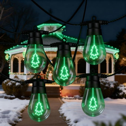 LED Christmas Lights, 50FT Patio Lights with 16Pcs Shatterproof S14 Bulb(1 Spare), 4 Lighting Mode, Connectable, Waterproof Green Edison Plastic Bulb Hanging Light for Yard Porch Christmas Décor