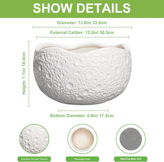 Large Bonsai Pots - 13 Inch Ceramic Planter for Indoor Outdoor, Round Plant Pot, Decorative Flower Pots with Drainage Hole, Modern Unique Planters, Garden Decor Home, Garden Gifts, White