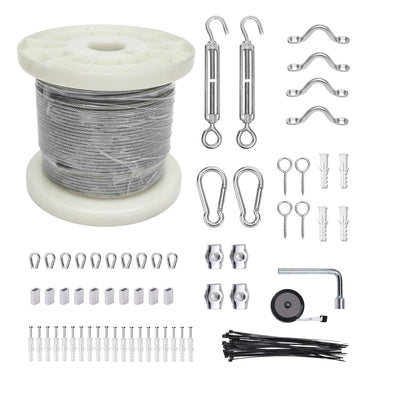 1/8" Wire Cable Rope Kit ，Vinyl Coated 304 Stainless Steel Wire – 100FT 7x7 Strand Cable with Turnbuckles，String Lights Hanging Kit for Outdoor, Garden,Patio, Crafts, Hanging Lights