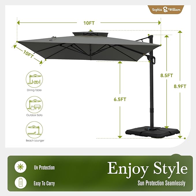 Sophia & William Cantilever Patio Umbrella 10ft, Offset Large Square Outdoor Umbrellas with 360-degree Rotation, Heavy Duty Windproof for Garden Pool Backyard, Grey with Base