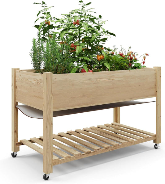 Raised Garden Bed with Legs and Wheels, Wooden Raised Planter Box with Storage Shelf, Protective Liner, Mobile Elevated Wood Planter for Backyard, Patio, Balcony Natural, 48"×24"×30"