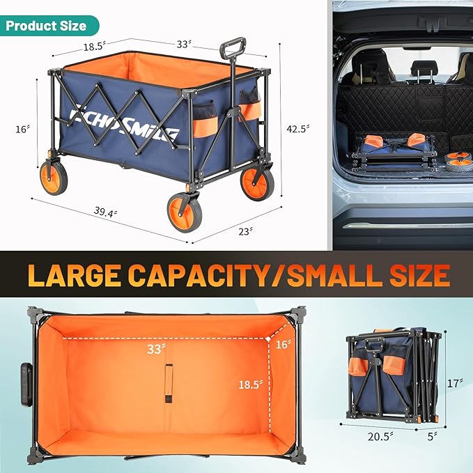 EchoSmile Collapsible Foldable Wagon Cart with 350lbs Weight Capacity, Heavy Duty Folding Utility Sport Wagon with Removeble Wheels for Camping,Grocery,Garden,Beach,Blue&Orange