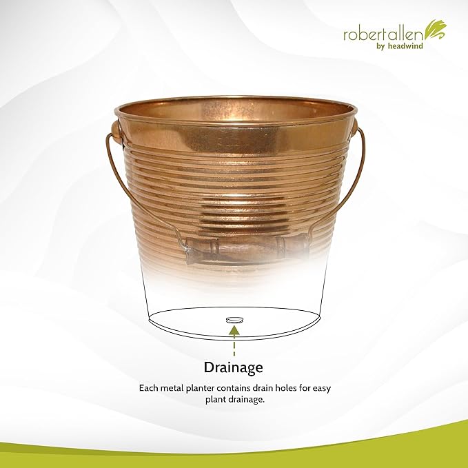 Headwind Robert Allen Vintage Ribbed Metal Planter with Handle, 10-Inch, New Penny – Lightweight Indoor/Outdoor Flower Pot with Drainage Hole