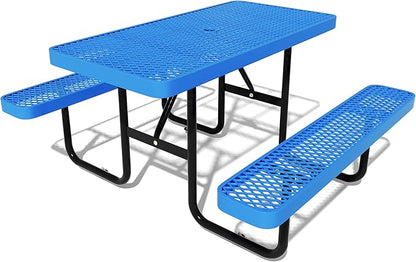 48'' Rectangular Steel Picnic Table for Outdoors,Commercial Metal Picnic Table Bench Set with Umbrella Hole,School Canteen Table W/Seats - Heavy Duty Sturdy Picnic Tables Furniture for Patio Garden