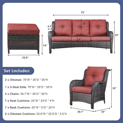 Rilyson Wicker Patio Furniture Chairs Set - 7 Piece Rattan Outdoor Sectional Conversation Sets with 1 Sofa,4 Armrest Chairs and 2 Ottomans for Porch Deck Garden(Brown/Red)