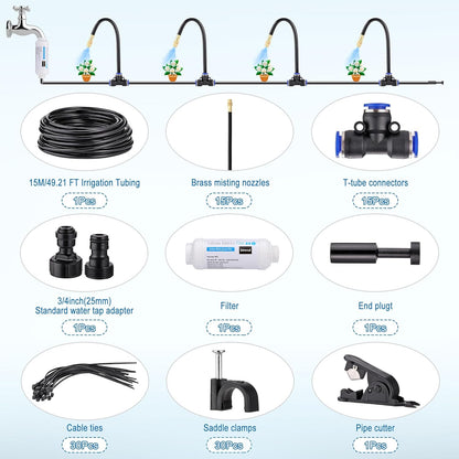 Mornajina Automatic Drip Irrigation Kits Garden Irrigation System, Includes Calcium Inhibitor Filter & 50FT 5/16 inch Irrigation Tubing Hose & 15Pcs 360° Bending Dropper Atomizing Mist Nozzles Tee