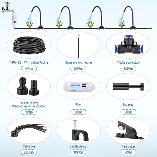 Mornajina Automatic Drip Irrigation Kits Garden Irrigation System, Includes Calcium Inhibitor Filter & 50FT 5/16 inch Irrigation Tubing Hose & 15Pcs 360° Bending Dropper Atomizing Mist Nozzles Tee