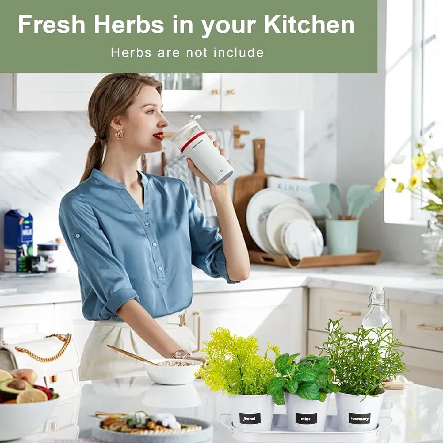 4" Herb Garden Planter Kit, Indoor Herb Planters with Tray, Set of 3 Metal Windowsill Pots for Flower Plants with Drainage Hole, Customizable Labels & Marker Pen, White