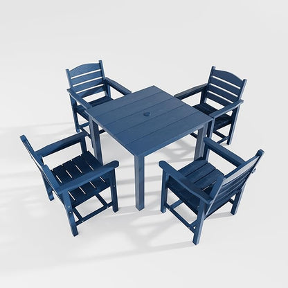 Poly Lumber Patio Dining Set, HIPS Outdoor 36.2-Inches Dining Table and Ladder Back Chairs, with Umbrella Hole, Weather Resistant (5 Piece, Navy Blue)