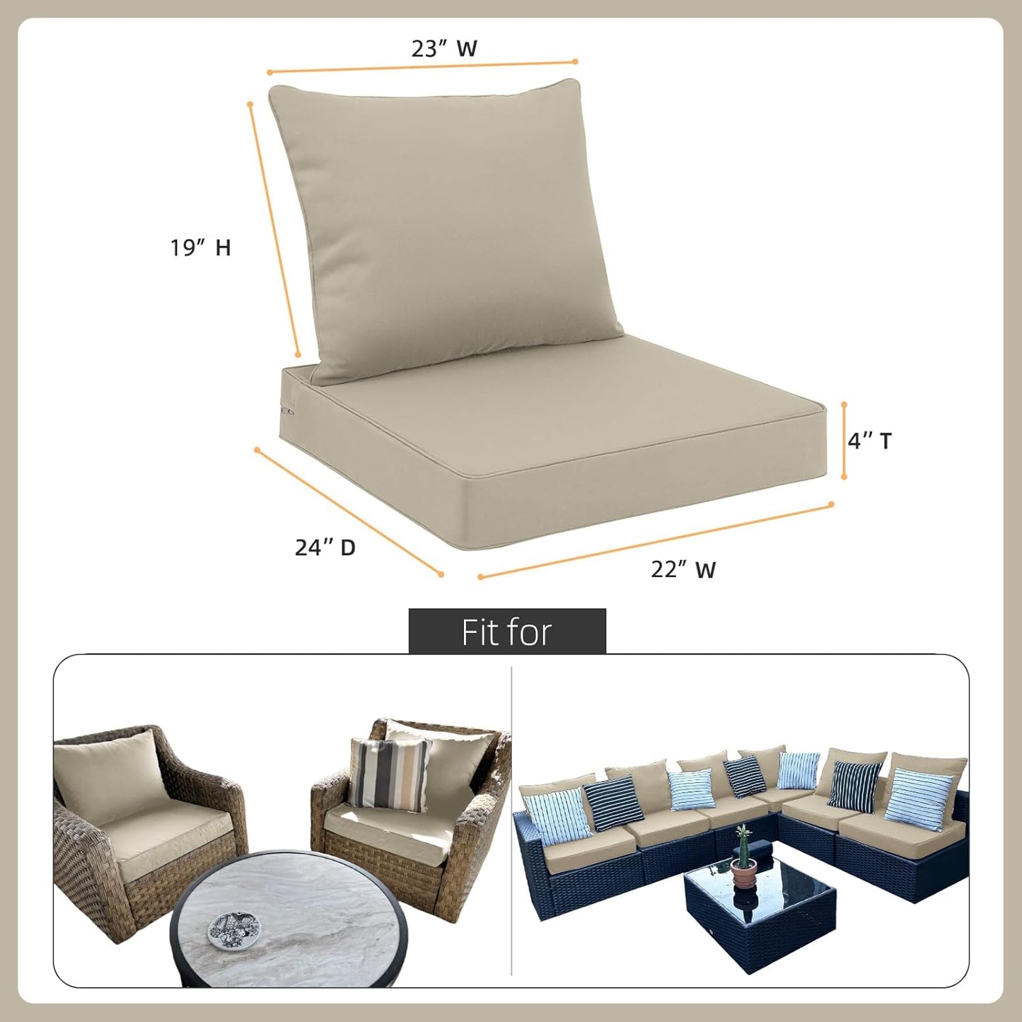 Favoyard Outdoor Seat Cushion Set 22 x 24 Inch Waterproof & Fade Resistant Patio Furniture Cushions with Removable Cover Deep Seat & Back Cushion with Handle and Adjustable Straps for Chair Sofa Couch