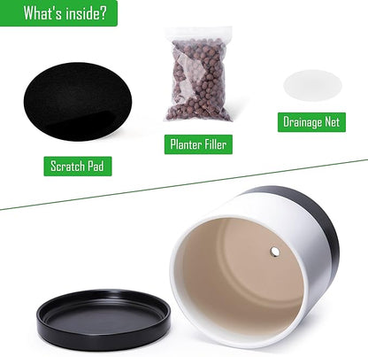 D'vine Dev 12 Inch Ceramic Planter Pot with Drainage Hole and Saucer, Indoor Cylinder Round Planter Pot, Layered Monochrome Black & White, 94-O-F-L