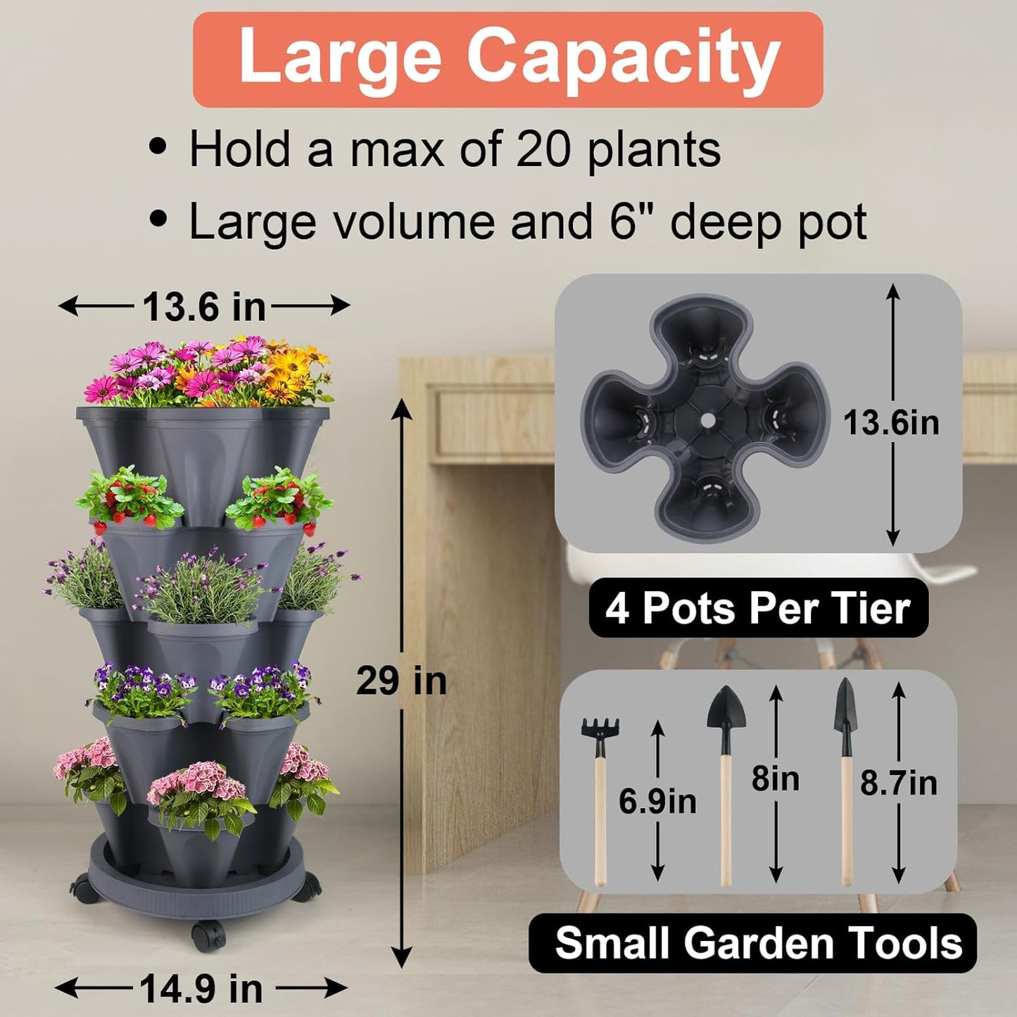 Vertical Planter 5 Tier Stackable Planters Garden Planters Strawberry Herb Flower and Vegetable Planter Indoor Outdoor Gardening Pots with Removable Wheels and Tools