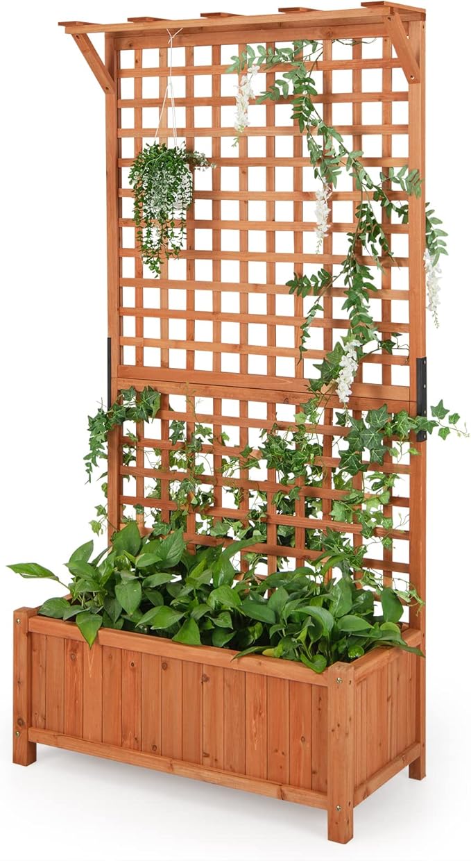 HAPPYGRILL Raised Garden Bed with Trellis, 72.5" Planter Raised Bed with Drainage Holes, Freestanding Garden Box for Vine Climbing Plants, Wooden Planter Box for Yard Balcony (1, Orange)