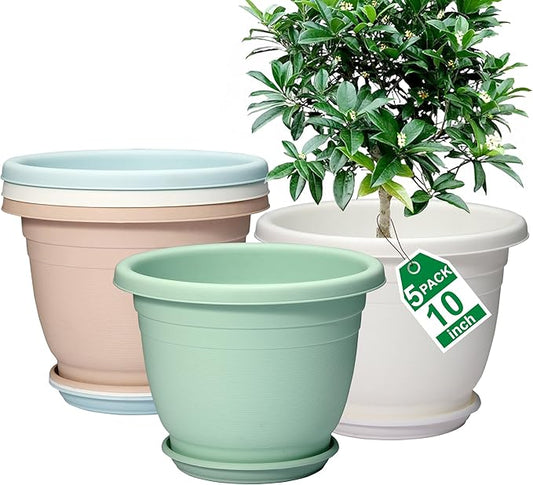 5 Packs 10 inch Plant Pots + Saucer, Planters for Indoor & Outdoor Plants with Drainage Holes | Plastic Flower Pots, Large Planter (Colorful, 10 inch)