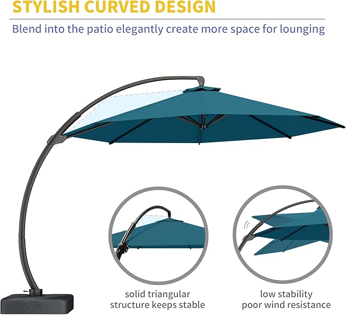 Kingdura 11ft Offset Cantilever Patio Umbrella with Base Included, Large Round Aluminum Outdoor Umbrella, 360° Rotation & Infinite Tilt, Heavy Duty Frame for Deck Pool Backyard, Lake Blue