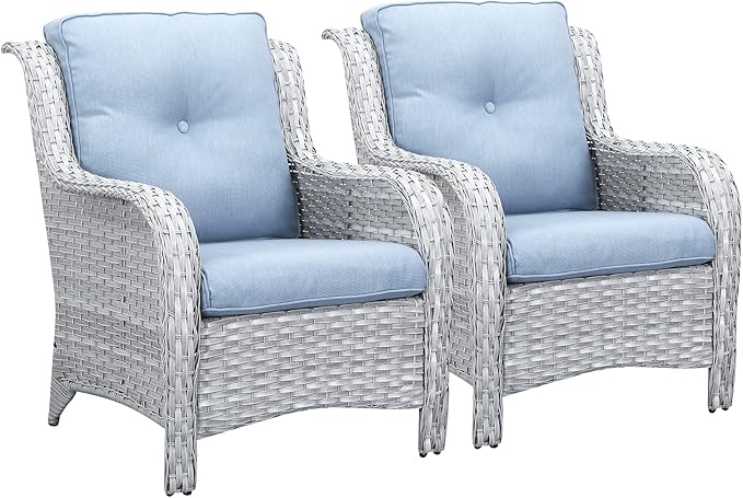 Rilyson Outdoor Patio Chairs Wicker Chair - 2PC Rattan Chairs Set with High Back and Deep Seating for Deck Porch Outside Garden(Light Grey/Sky Blue)