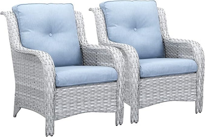 Rilyson Outdoor Patio Chairs Wicker Chair - 2PC Rattan Chairs Set with High Back and Deep Seating for Deck Porch Outside Garden(Light Grey/Sky Blue)