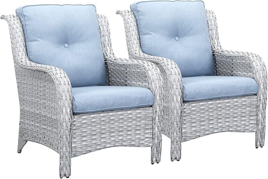 Rilyson Outdoor Patio Chairs Wicker Chair - 2PC Rattan Chairs Set with High Back and Deep Seating for Deck Porch Outside Garden(Light Grey/Sky Blue)