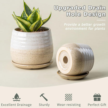 3 Pack Ceramic Small Plant Pots Planters for Indoor Flowers Plants with Drainage Holes & Saucer, Cactus Succulent, Home Decor, 3.4+4.7+6.1 Inch Flower Pot Set of 3, White