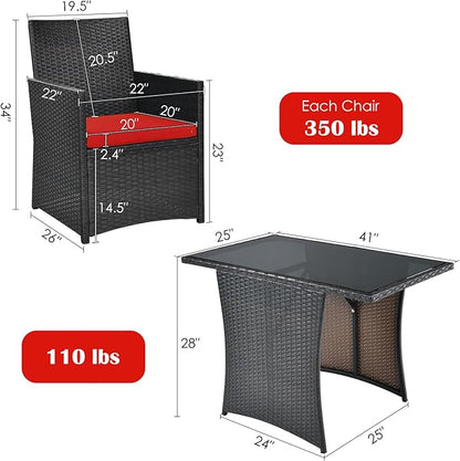 Tangkula 3 Pieces Patio Dining Set, Space-Saving PE Rattan Bistro Set with Tempered Glass Top Table and Cushioned Chairs, Outdoor Conversation Set for Garden Backyard Poolside Porch (Red)