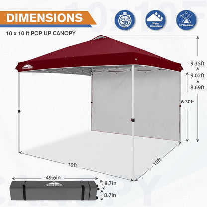 EAGLE PEAK Pop Up Canopy Tent with 1 Sidewall, Easy Setup Event Tent, Outdoor Sun Shade, Wheeled Carry Bag, Stakes and Guy Ropes, Instant Canopy 10x10, Burgundy