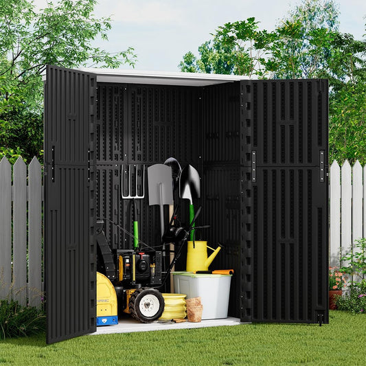 KINYING Outdoor Storage Shed,57 Cu.ft Vertical Outdoor Storage Cabinet Waterproof, Outdoor Resin Tool Shed for Patio Furniture, Garden Tools, Pool Accessories, Lawn Mower(Black Color)