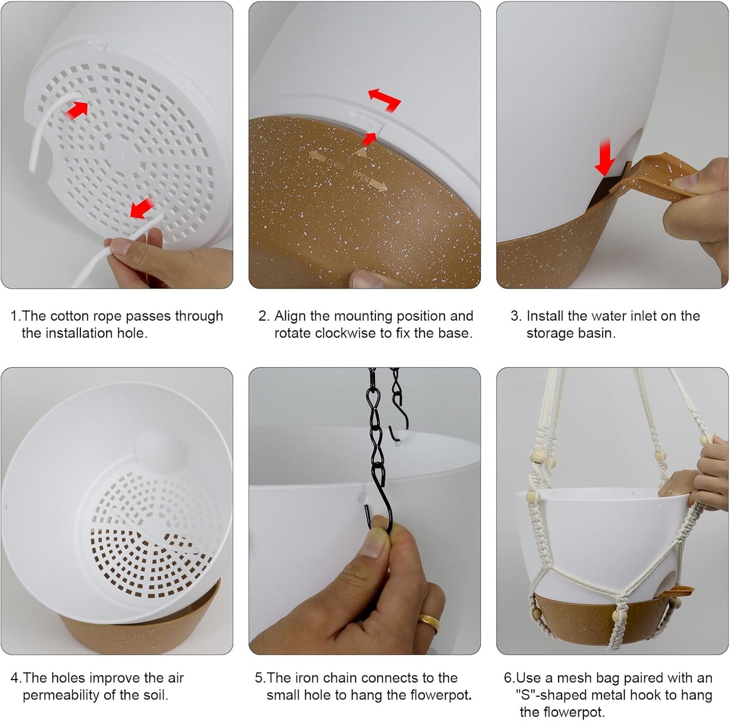 10 inch Self Watering Hanging Planters, 2 Pack Hanging Baskets for Indoor Outdoor Plants, Hanging Flower Pots with Drainage Holes & 2 Kinds of Plant Hangers for Garden Home Décor, White Brown