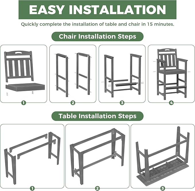HDPE Outdoor Patio Bar Set with High Top Table and 2 Adirondack Chairs, All-Weather Bar Height Outside Rectangular Pub Furniture for Bistro, Garden, Backyard, Deck | 3-Pieces, Grey