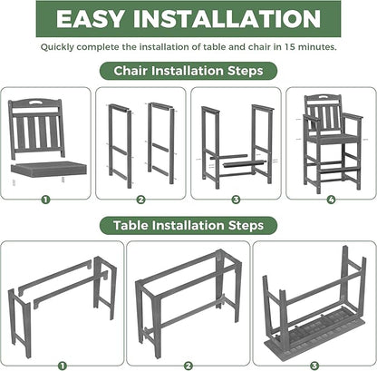 HDPE Outdoor Patio Bar Set with High Top Table and 2 Adirondack Chairs, All-Weather Bar Height Outside Rectangular Pub Furniture for Bistro, Garden, Backyard, Deck | 3-Pieces, Grey