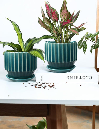 AISBUGUR Plant Pots 6 inch Ceramic Pots for Indoor Plants Set of 2 Flower Pots Unique Crackle Glaze Design Plant Pots with Drainage Hole and Saucer Come with Drainage Nets (Aqua Green)