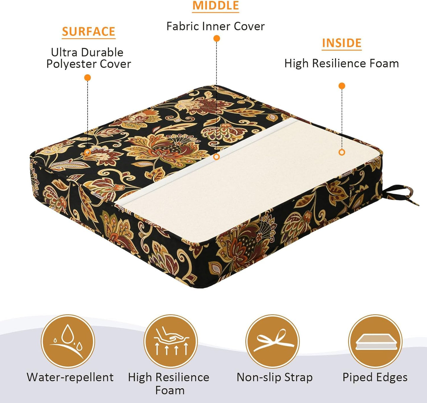 Square Corner Seat Cushions, 19" x 19" x 3", Set of 4, Indoor Outdoor Water Repellent Universal Chair Pads with Ties for Patio Furniture, Garden Deck Dining Chairs, Red Yellow Vine Flower