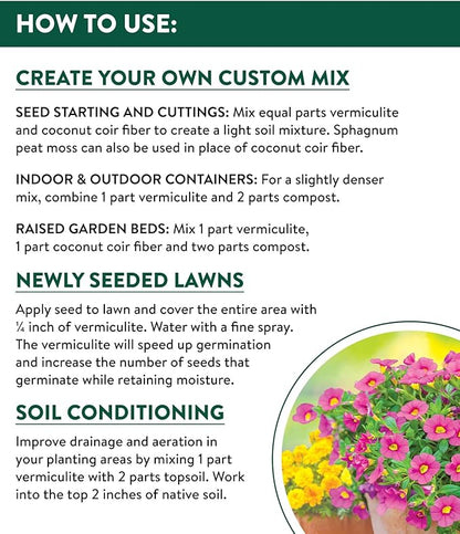 Burpee Organic Horticultural Add to Potting Soil | Ideal for Seed Starting, Water Retention and Plant Propagation | 100% Natural | 8 Quart, 1-Pack, Vermiculite (8qt)