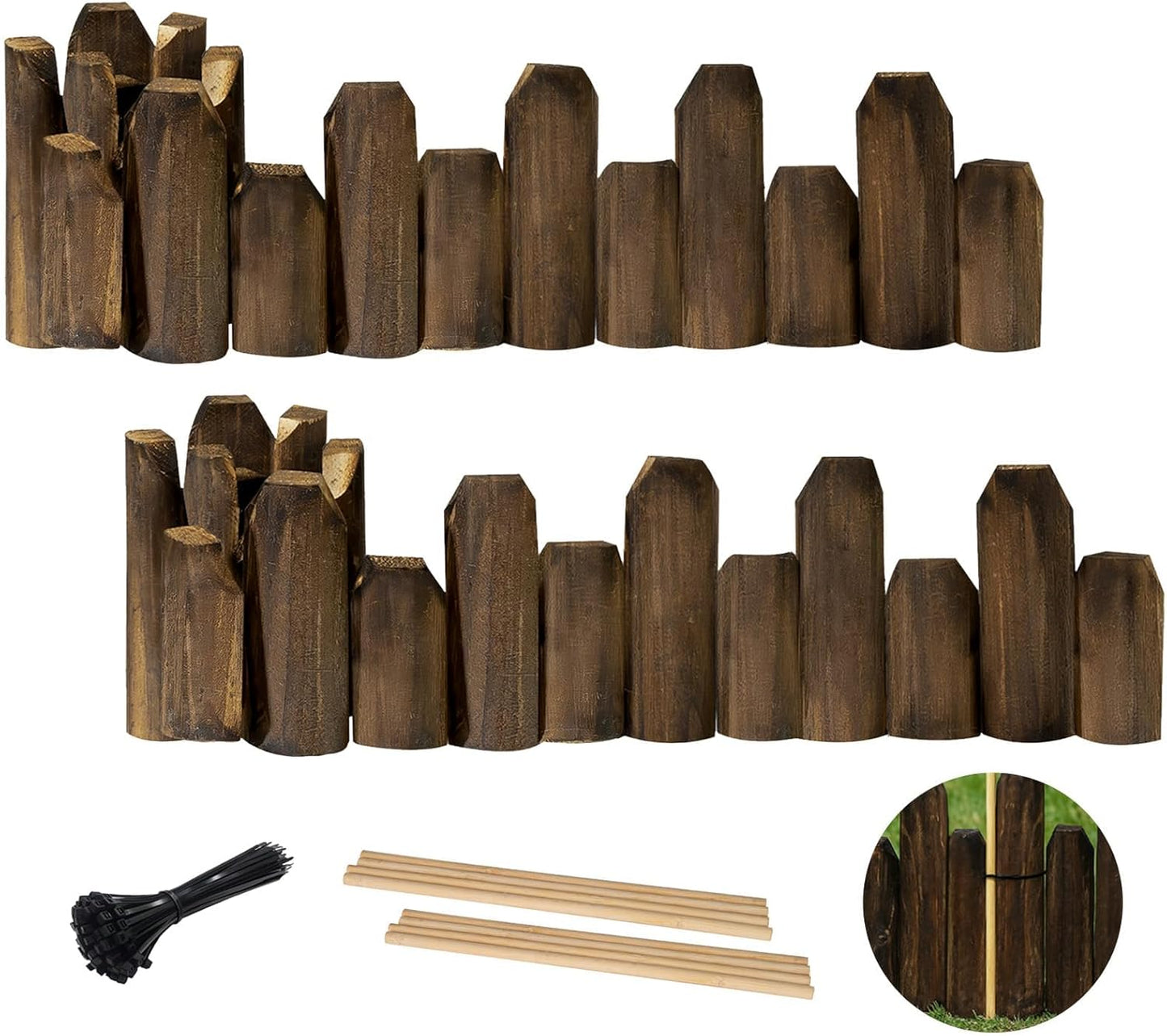 Wood Garden Edging, Staggered Wooden Fence Border Decorative Small Picket Panels for Gardens and Landscaping (2PACK)