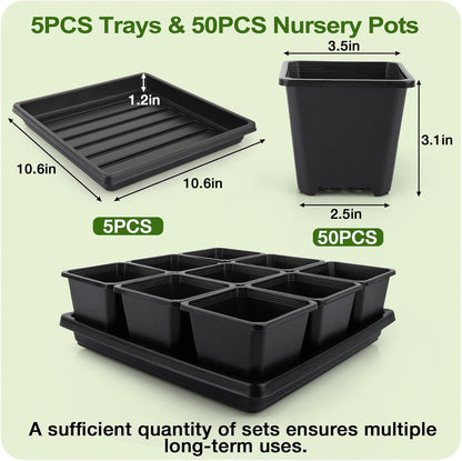 50Pcs 3.5inch Square Nursery Pots with 5Pcs Seed Starting Trays, Seed Starter Tray Kit, Seeds Starting Germination, Seeding Pots with Drain Holes, Small Plant Nursery Propagation