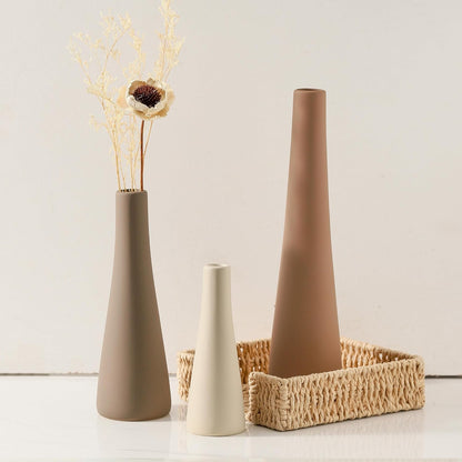 Ceramic Vase Set of 3, Modern Farmhouse Vases Home Decor Neutral Pottery Vase Pampas Grass Flower Vases for Home Decoration Room Decor Table Entryway Living Room Centerpieces Mantel Decor - Brown