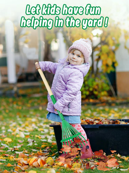 Kids Friendly Rakes for Leaves - 28" Child Size Small Rake with Durable Metal Head & Hardwood Handle, Real Lawn Garden Yard Tools for 3+ Years Kids Enjoy Helping Work Gifts (Green)