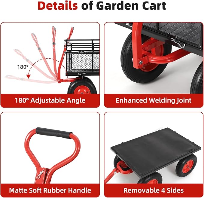 1400 LBS Steel Garden Yard Cart, Heavy-Duty Metal Garden Wagon Convertible 2-in-1 Handle and Removable Sides to Convert into Flatbed Lawn and Utility Wagons Cart