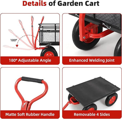 1400 LBS Steel Garden Yard Cart, Heavy-Duty Metal Garden Wagon Convertible 2-in-1 Handle and Removable Sides to Convert into Flatbed Lawn and Utility Wagons Cart