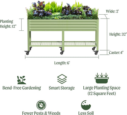 Rolling Elevated Raised Garden Bed-V Series, 2' x 6' Garden Beds with Legs & Storage Rack for Patio & Porch, 1000 Lbs Weight Capacity, Outdoor Planter Box for Vegetables Flower Herbs, Olive Green
