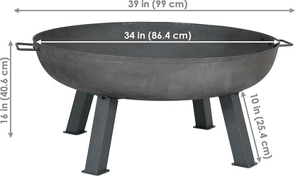 Sunnydaze 34-Inch Cast Iron Heavy-Duty Fire Pit for Outside - Wood-Burning Outdoor Fire Pit Bowl with Handles - Steel Finish