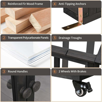 Wooden Cold Frame Greenhouse with Wheels, Portable Fir Garden Plant House with Storage Box, Openable Roof for Seedlings, Herbs, Winter Crops, Perfect for Patio, Balcony, Garden