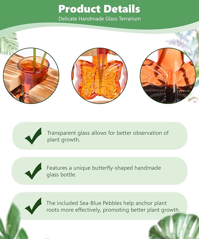 Nacome Butterfly Vase Propagation Stations: Glass Plant Terrarium with Wooden Stand for Home Office Desk Decor, Unique Gifts for Plant Lovers Women Mom (Orange)